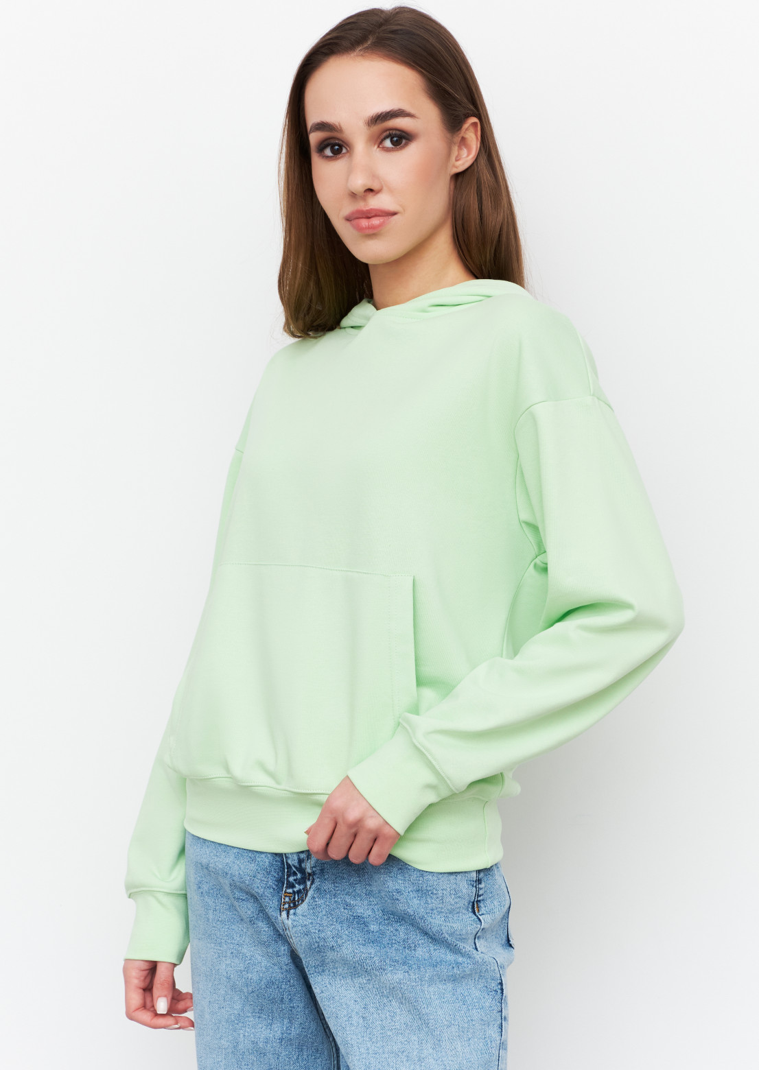 Light green color shortened three-thread hoodie